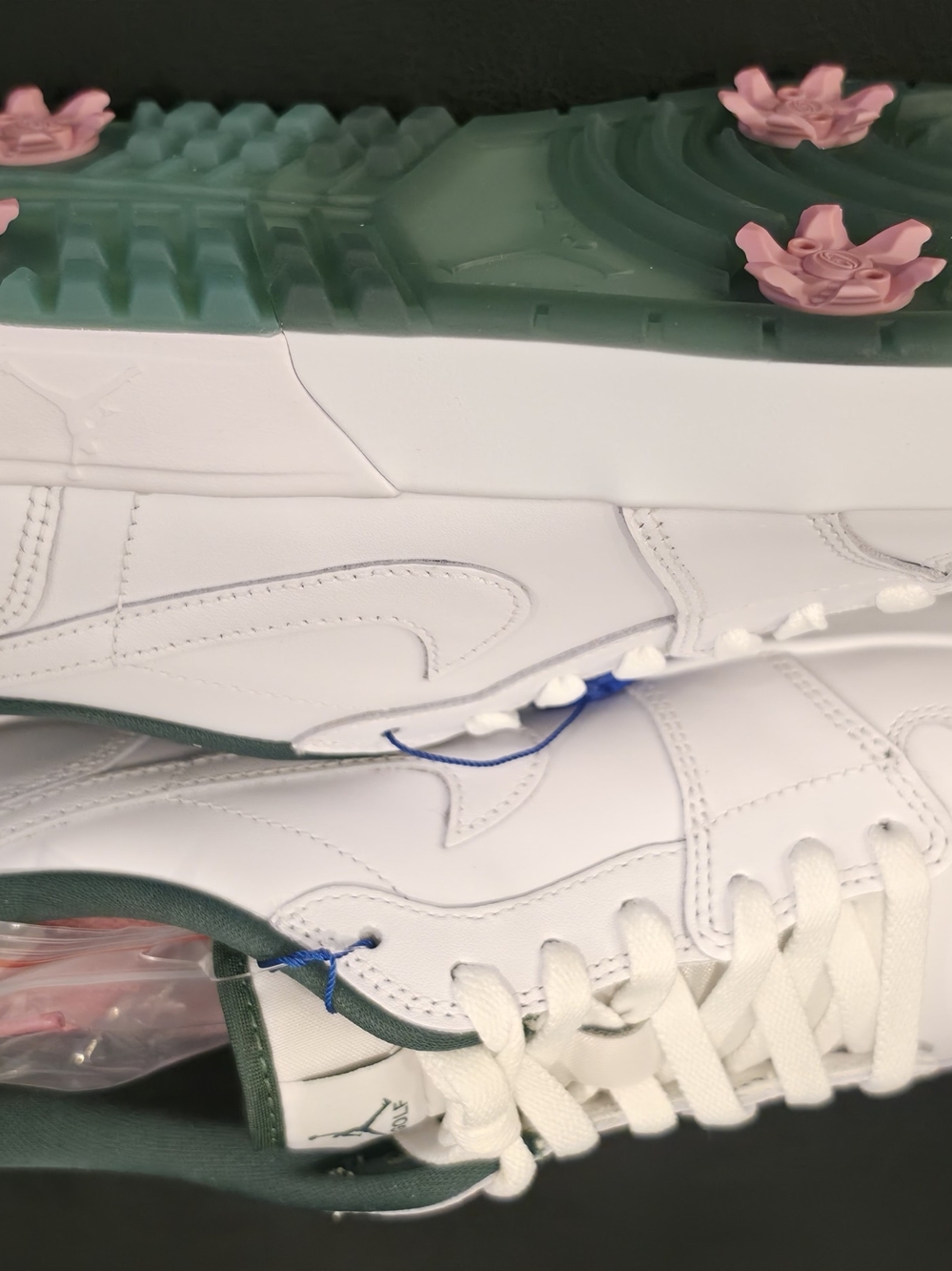 Nike White Golf Sneakers with Green Outsole and Pink Spikes